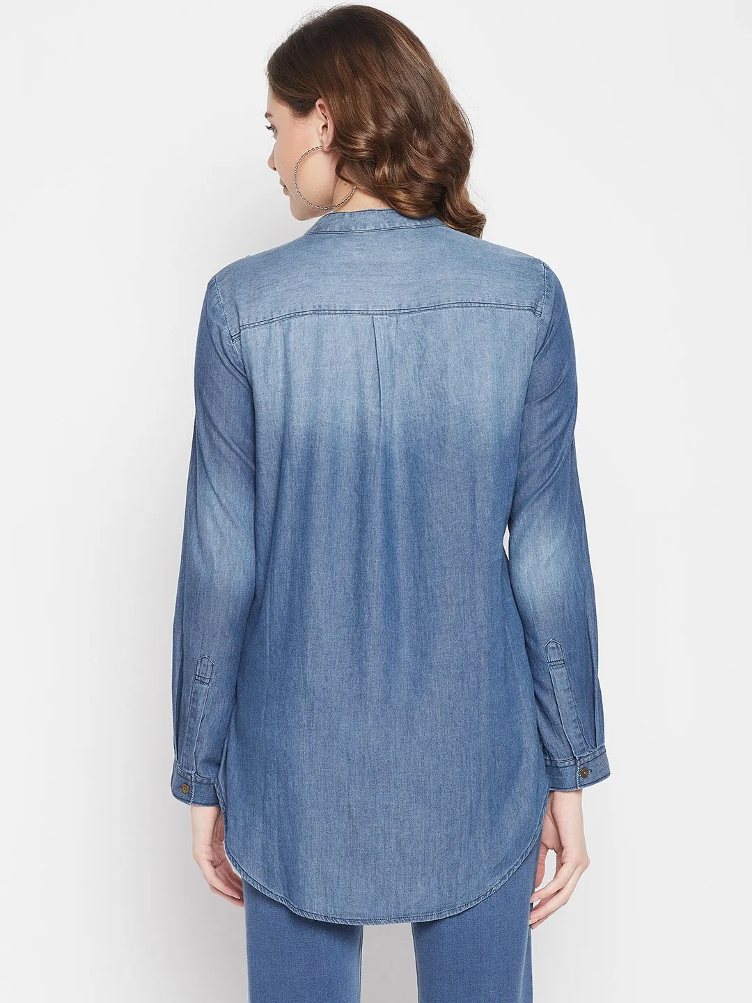 Women's Casual  Mid denim blue Denim Round neck Tunic