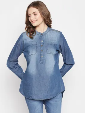 Women's Casual  Mid denim blue Denim Round neck Tunic