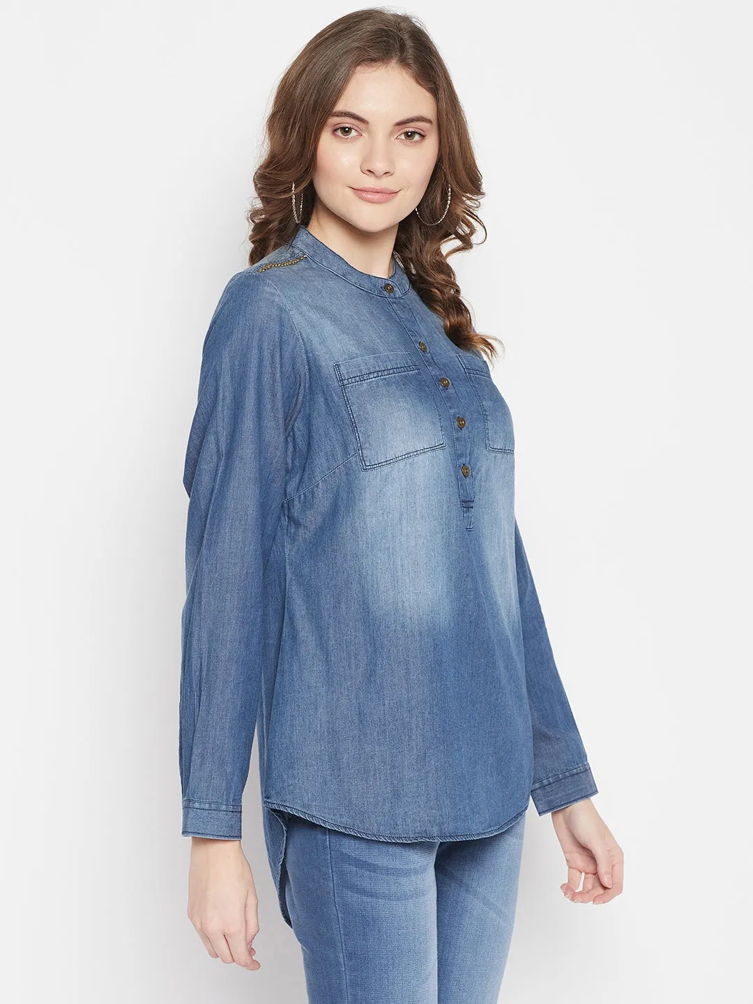 Women's Casual  Mid denim blue Denim Round neck Tunic