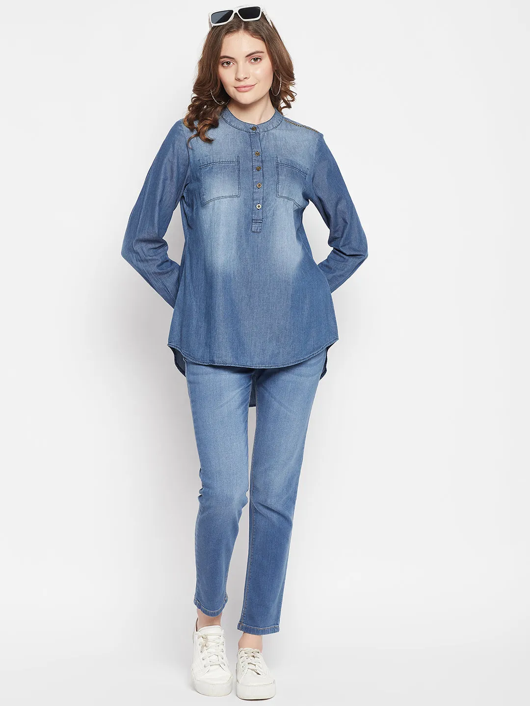 Women's Casual  Mid denim blue Denim Round neck Tunic