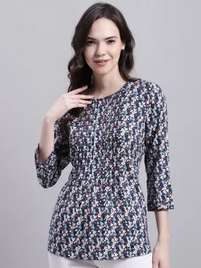 Women's Casual  Multi Color Floral Print Round neck Top