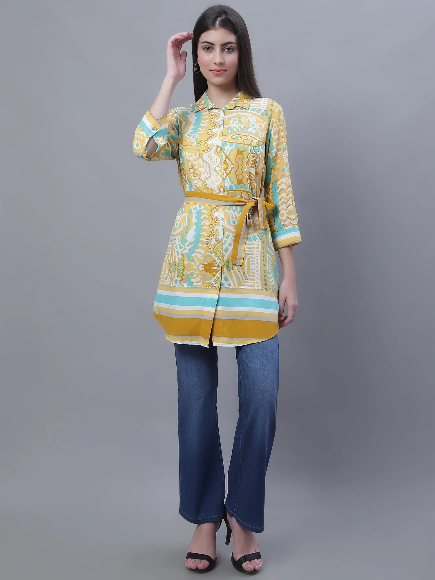 Women's Casual  Mustard Border Print Spread Collar Tunic