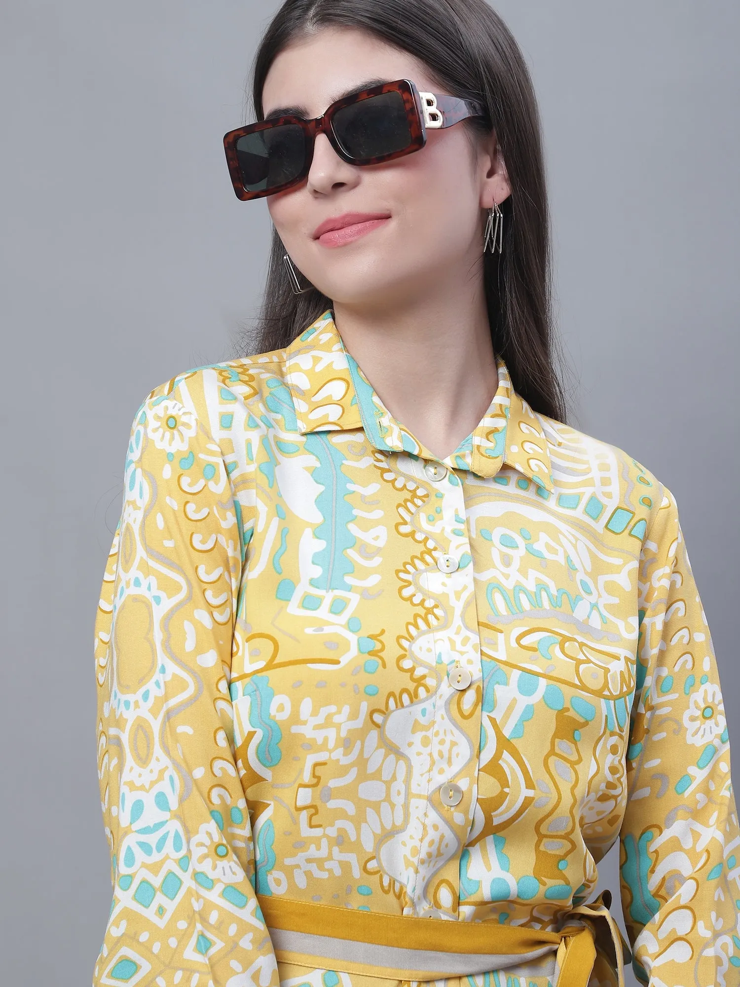 Women's Casual  Mustard Border Print Spread Collar Tunic