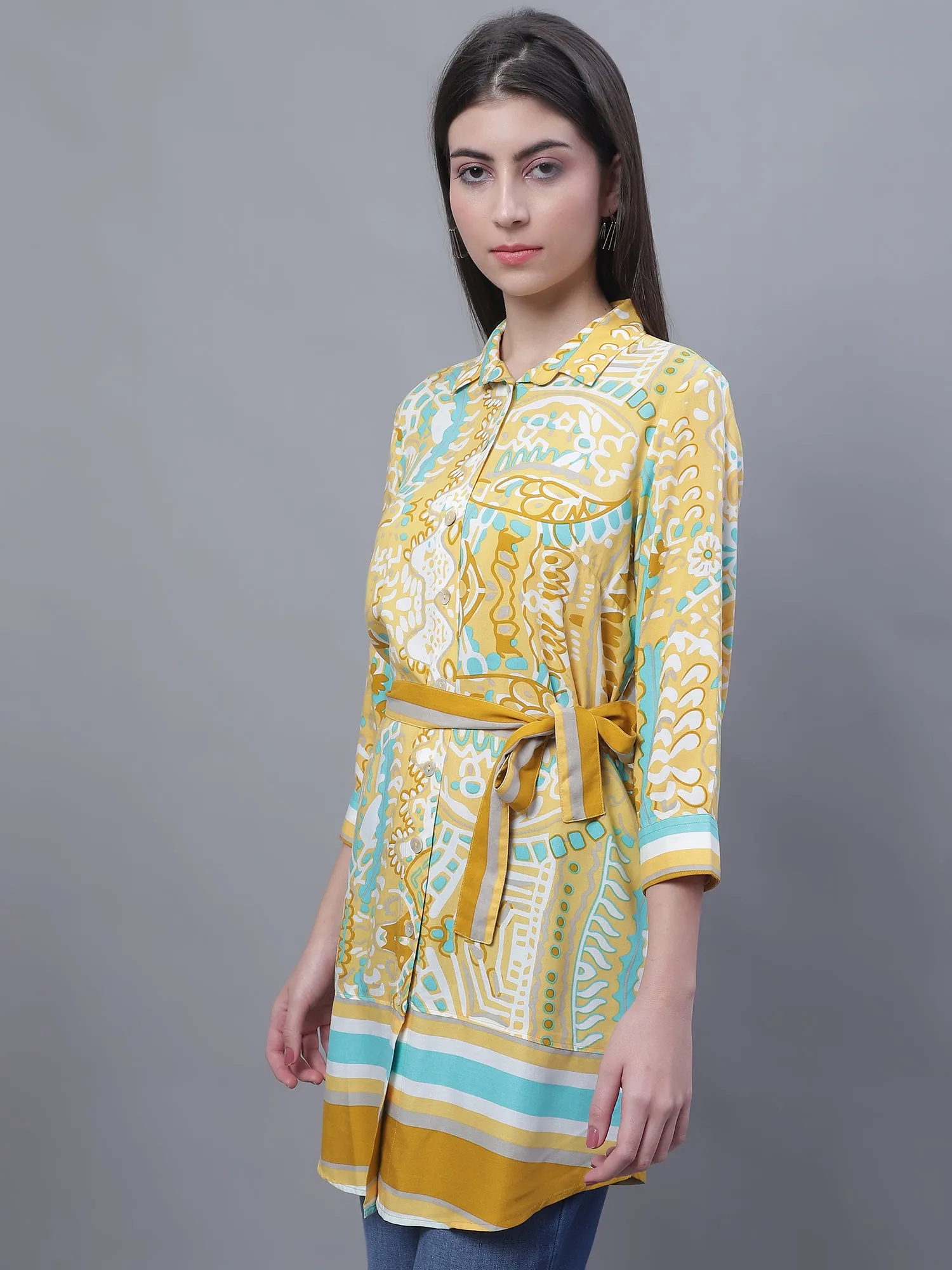 Women's Casual  Mustard Border Print Spread Collar Tunic