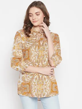 Women's Casual  Mustard Paisley Print Tie neck Tunic