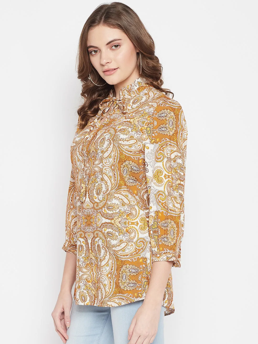 Women's Casual  Mustard Paisley Print Tie neck Tunic