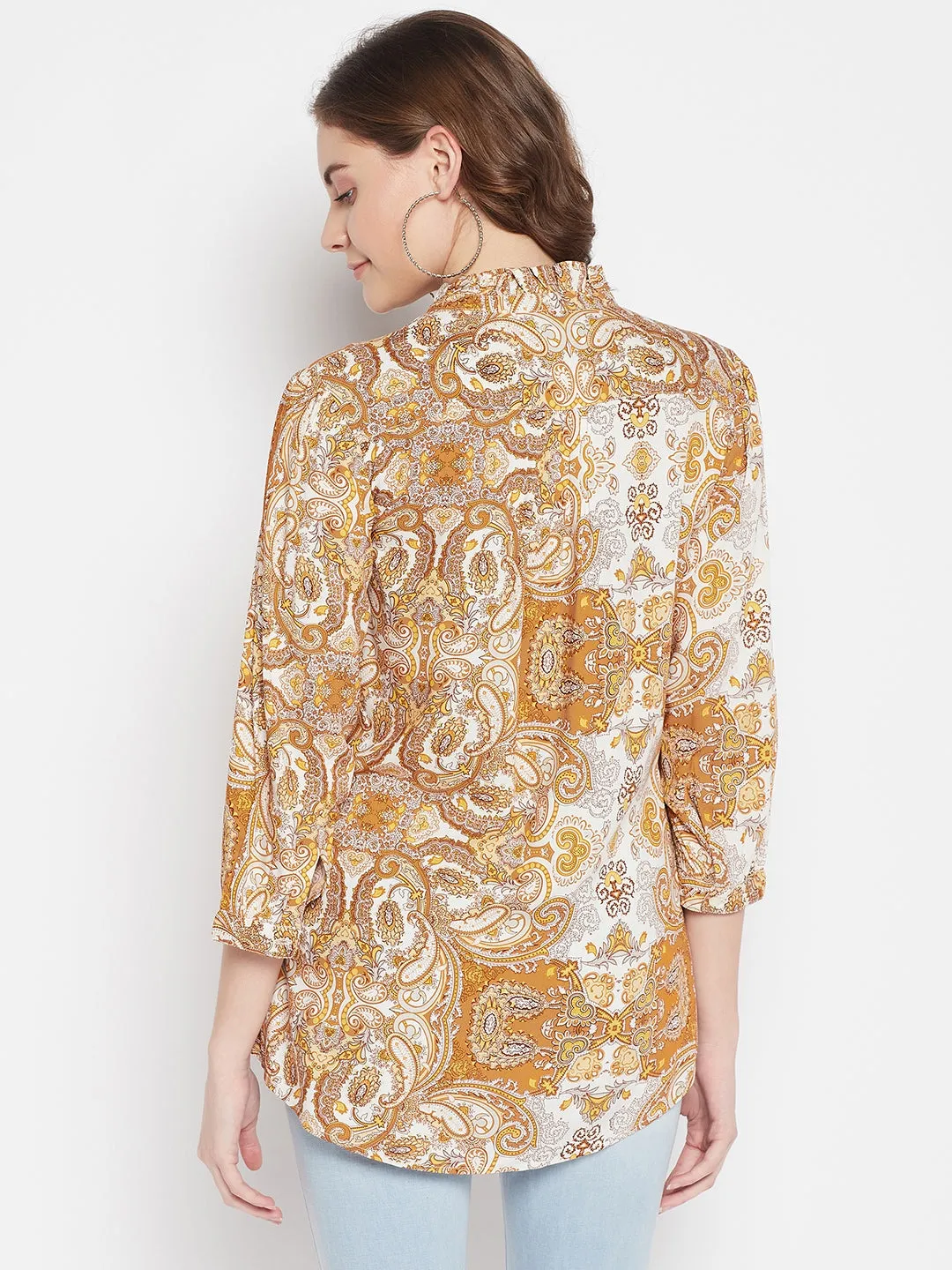 Women's Casual  Mustard Paisley Print Tie neck Tunic