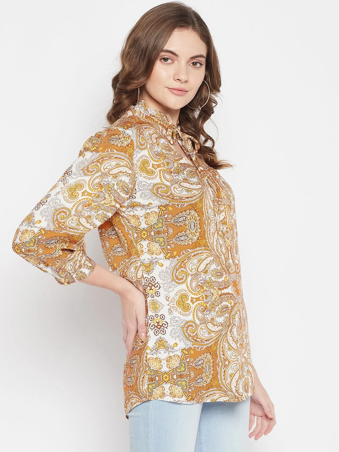 Women's Casual  Mustard Paisley Print Tie neck Tunic