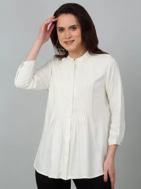 Women's Casual  Offwhite Solid Mandarin Collar Tunic