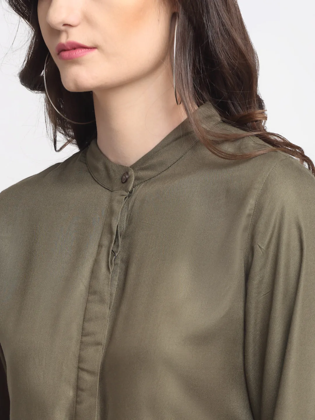 Women's Casual  Olive Green Solid Mandarin Collar Tunic