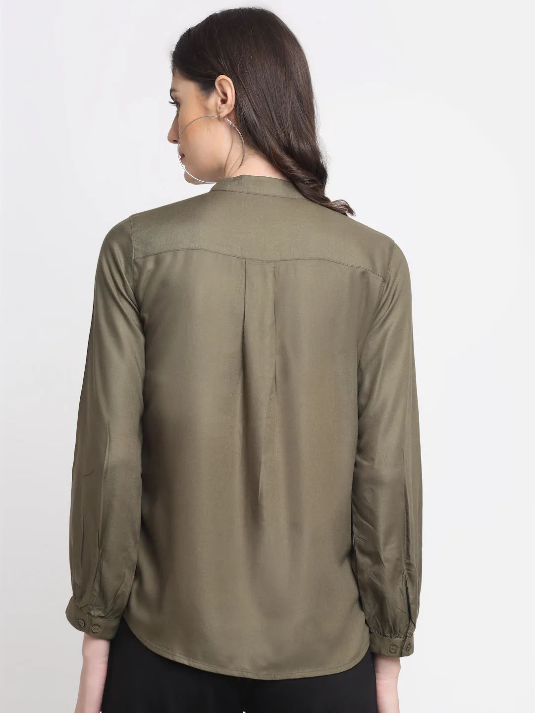 Women's Casual  Olive Green Solid Mandarin Collar Tunic