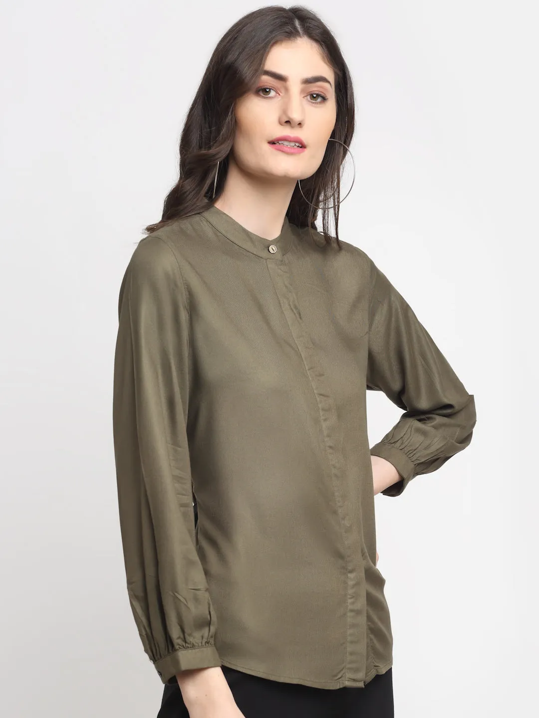 Women's Casual  Olive Green Solid Mandarin Collar Tunic