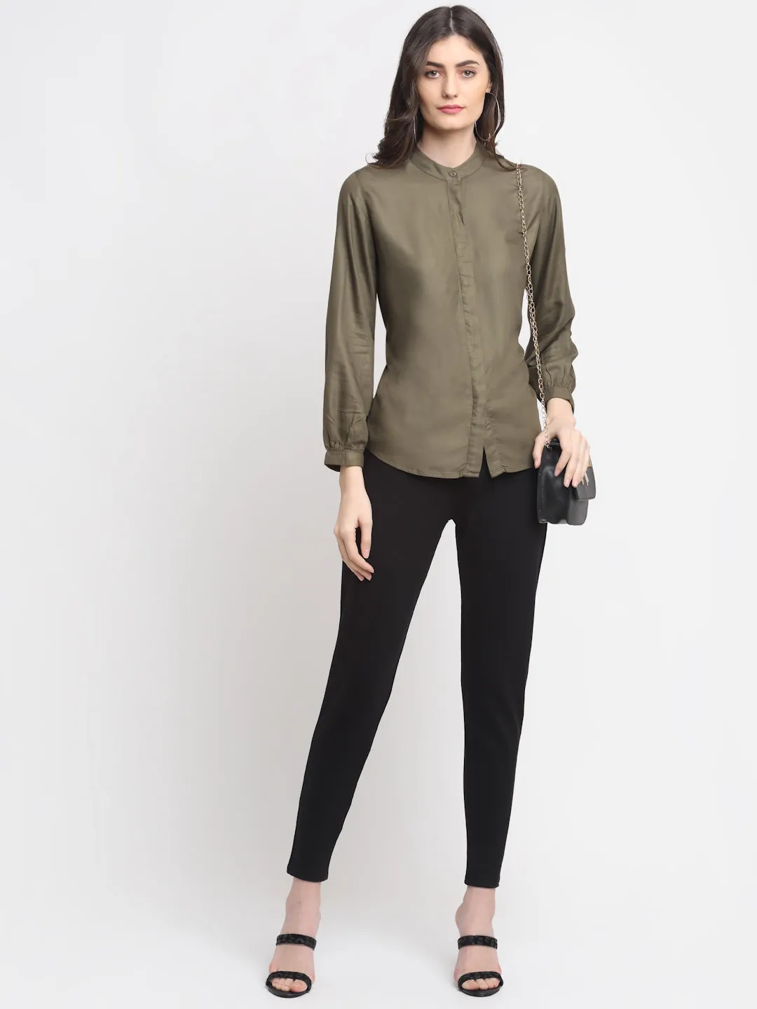 Women's Casual  Olive Green Solid Mandarin Collar Tunic