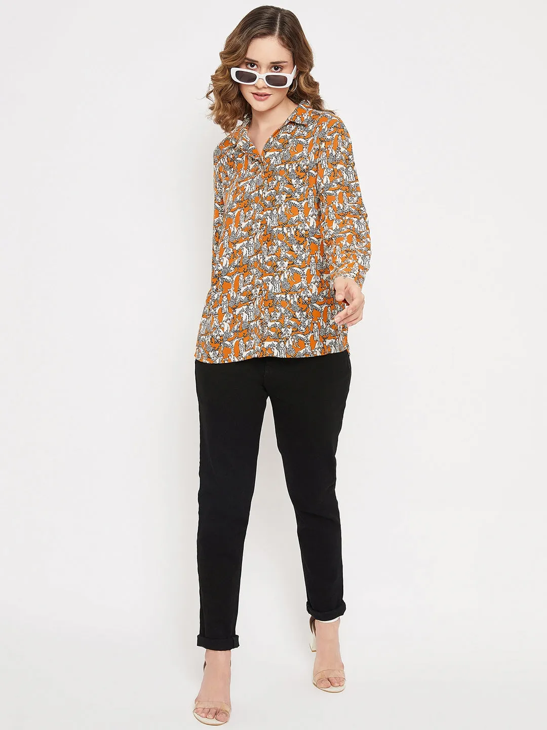 Women's Casual  Orange Animal Print Spread Collar Tunic