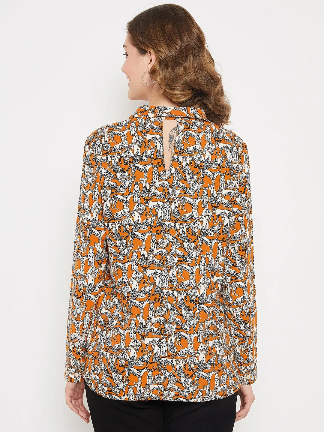 Women's Casual  Orange Animal Print Spread Collar Tunic