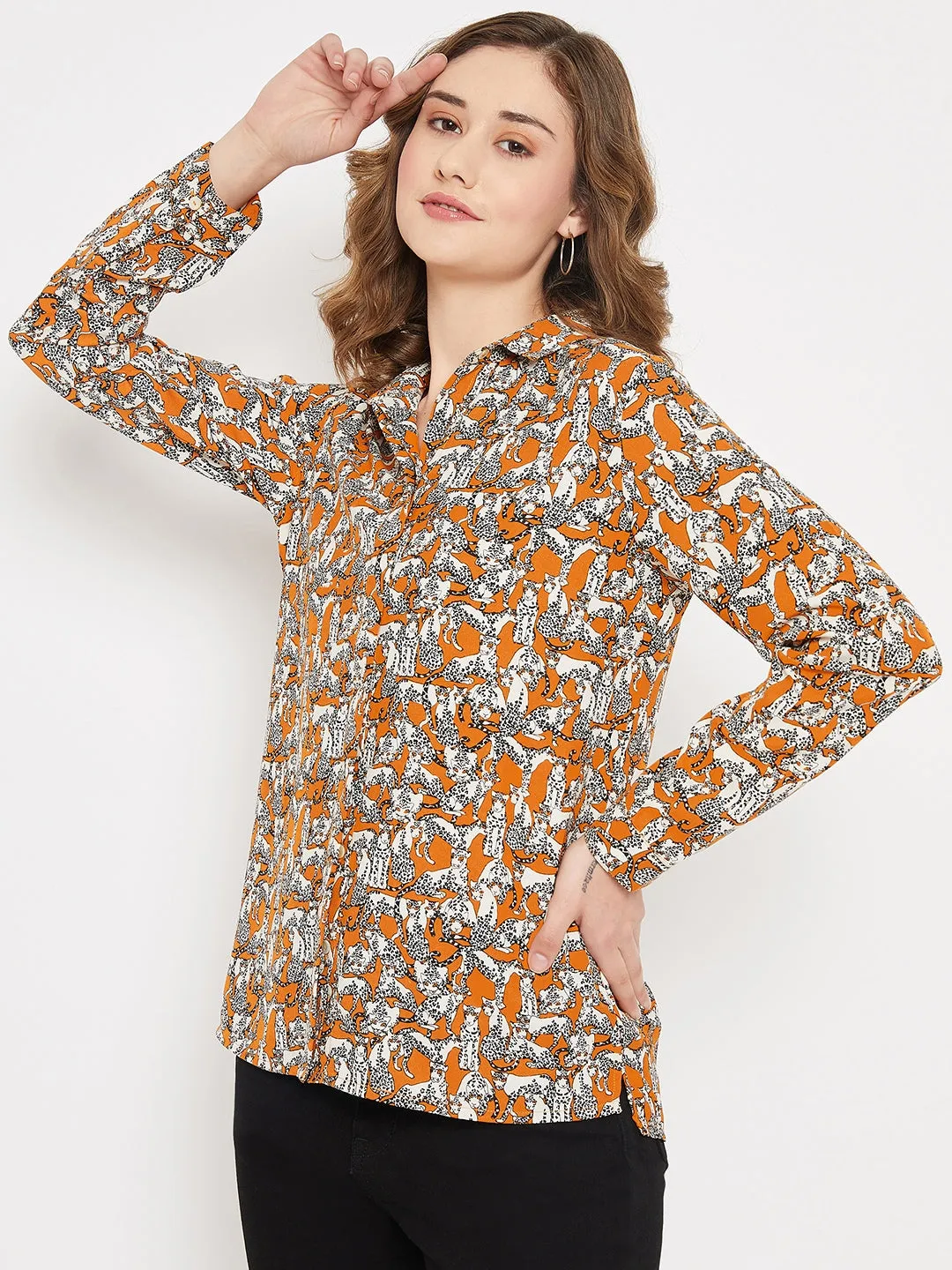 Women's Casual  Orange Animal Print Spread Collar Tunic