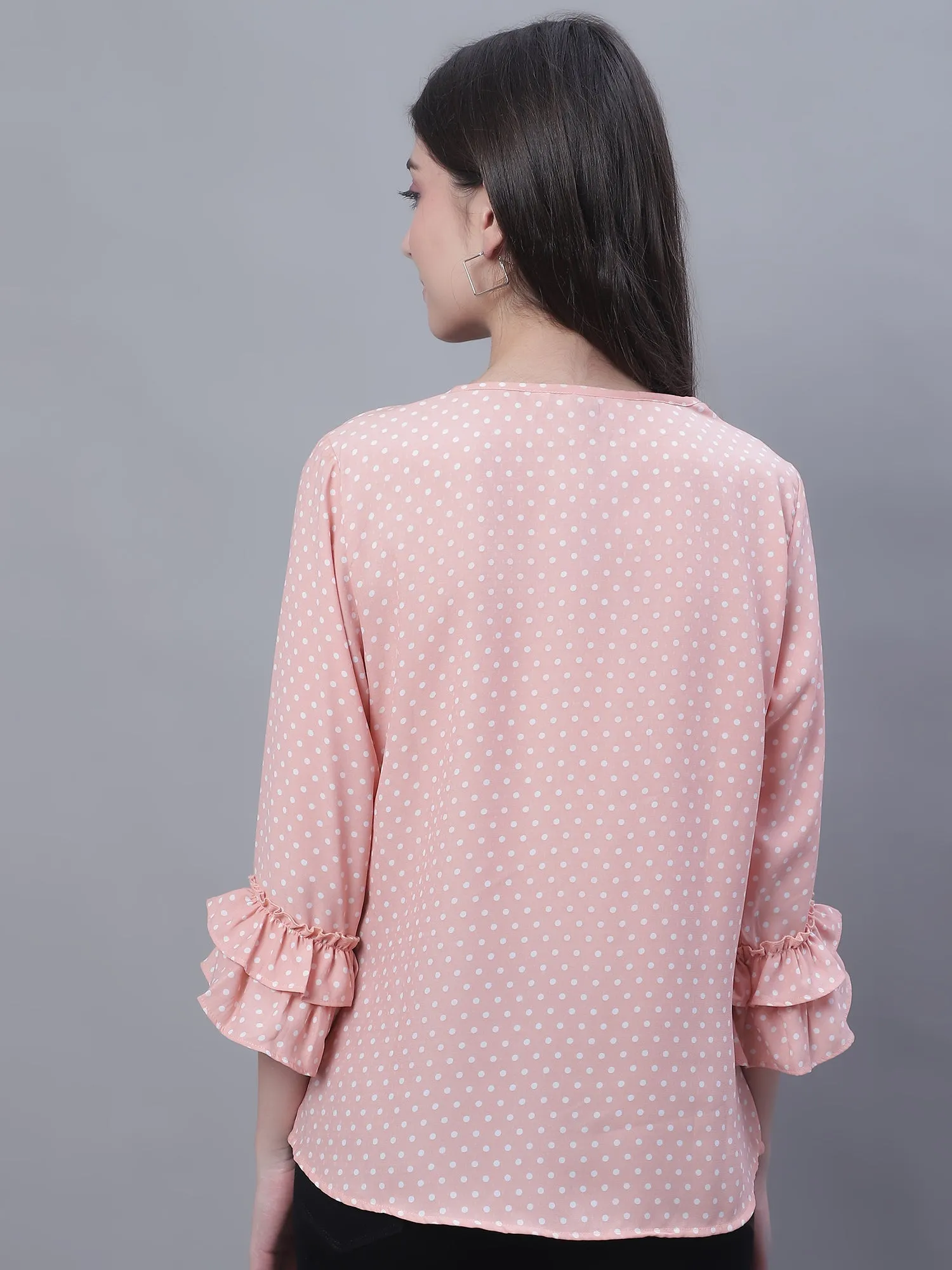 Women's Casual  Peach Polka dot Print Round neck with keyhole Top