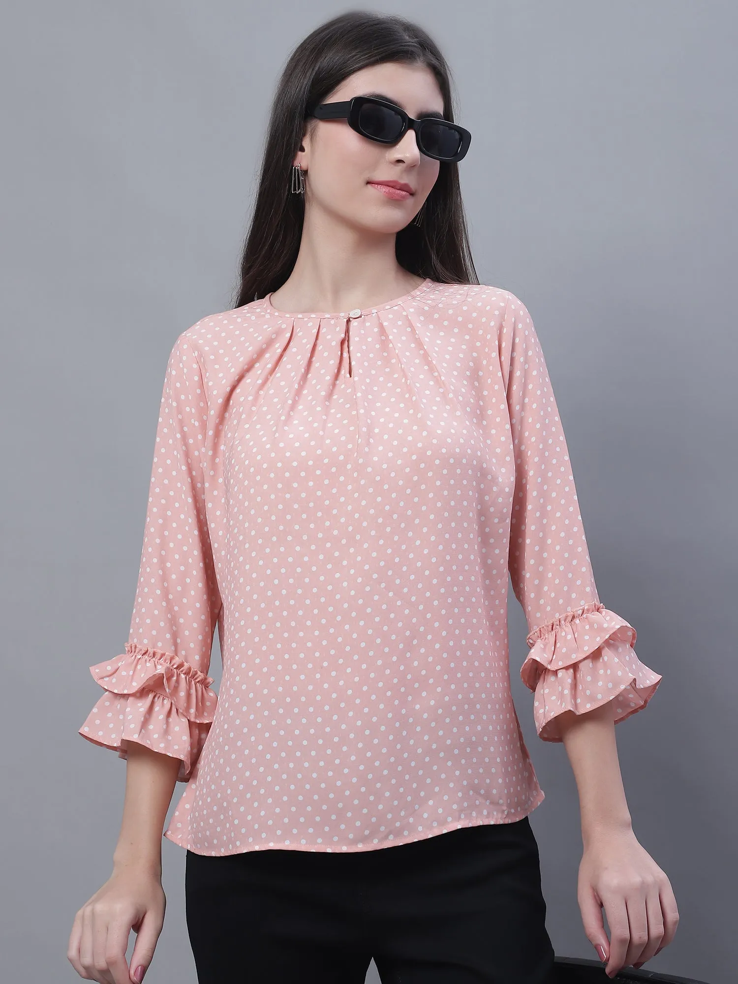 Women's Casual  Peach Polka dot Print Round neck with keyhole Top