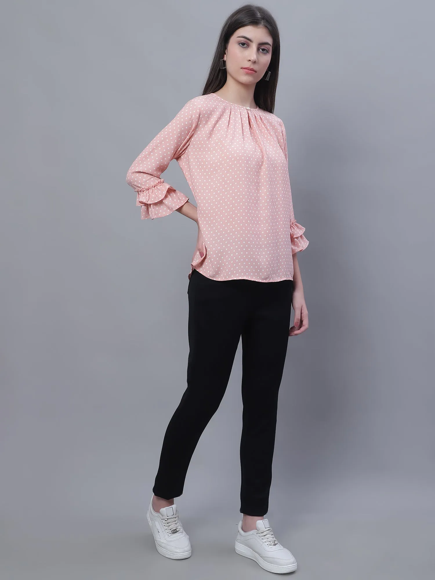 Women's Casual  Peach Polka dot Print Round neck with keyhole Top