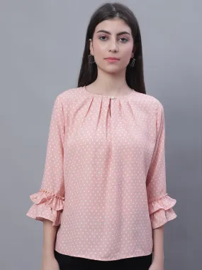 Women's Casual  Peach Polka dot Print Round neck with keyhole Top