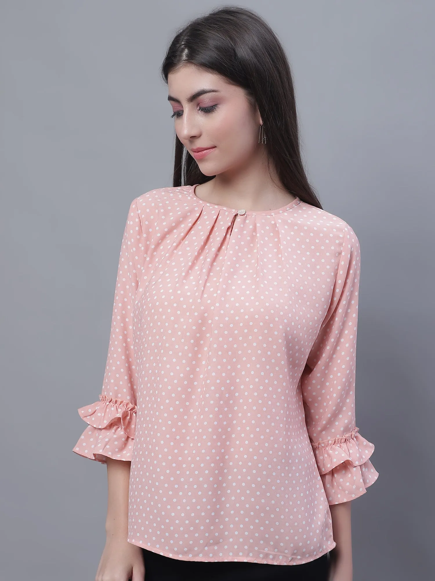 Women's Casual  Peach Polka dot Print Round neck with keyhole Top