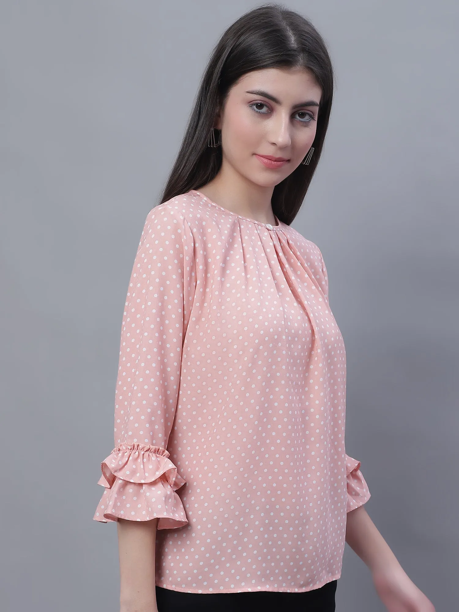 Women's Casual  Peach Polka dot Print Round neck with keyhole Top